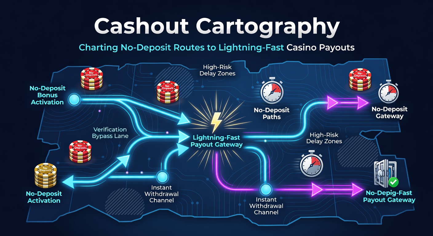 Digital map illustrating pathways from no-deposit bonuses to quick casino withdrawals, with glowing routes and payout icons