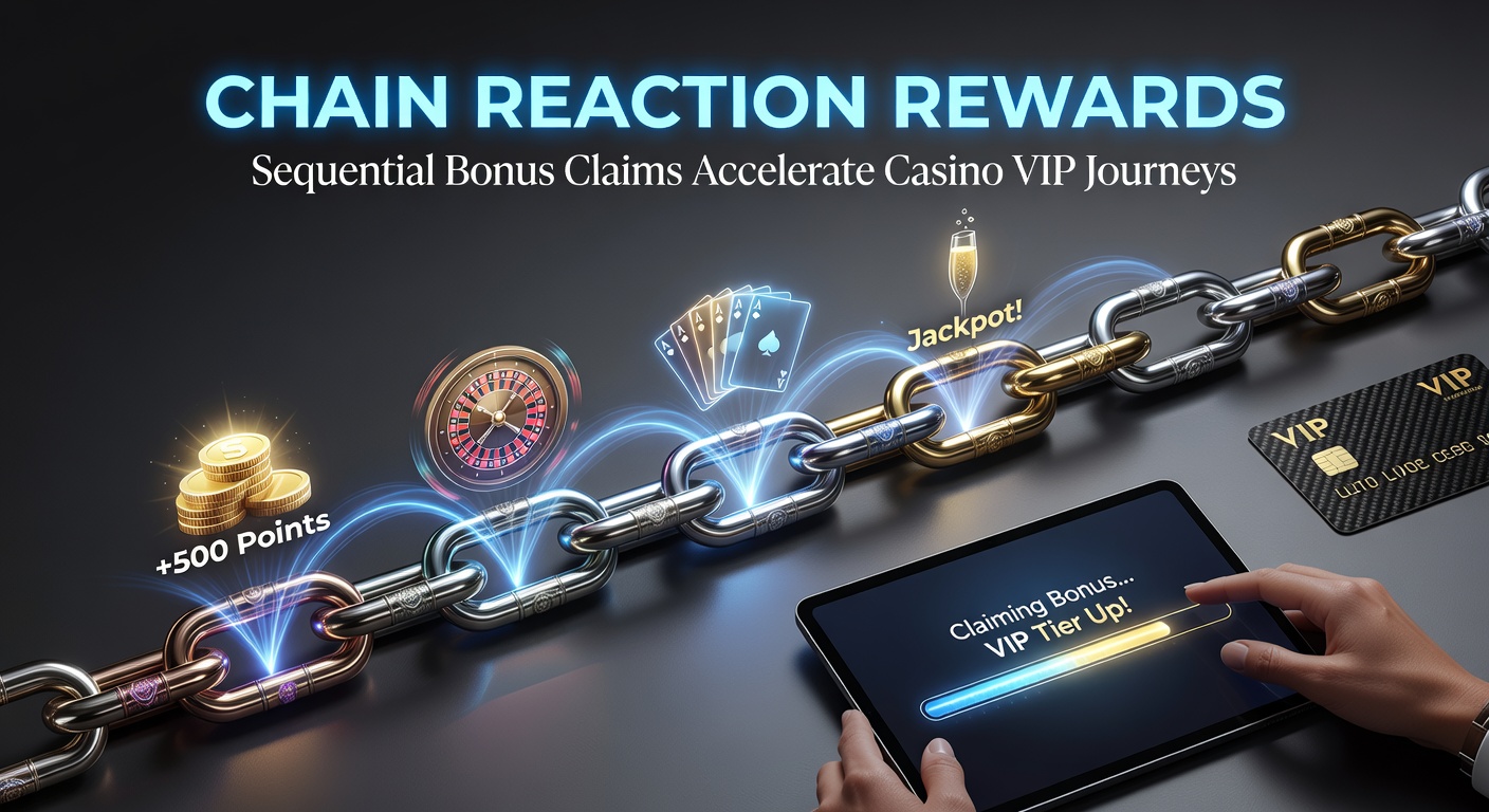 Dynamic chain reaction graphic showing cascading casino bonuses linking to VIP tiers, with glowing loyalty ladders ascending rapidly
