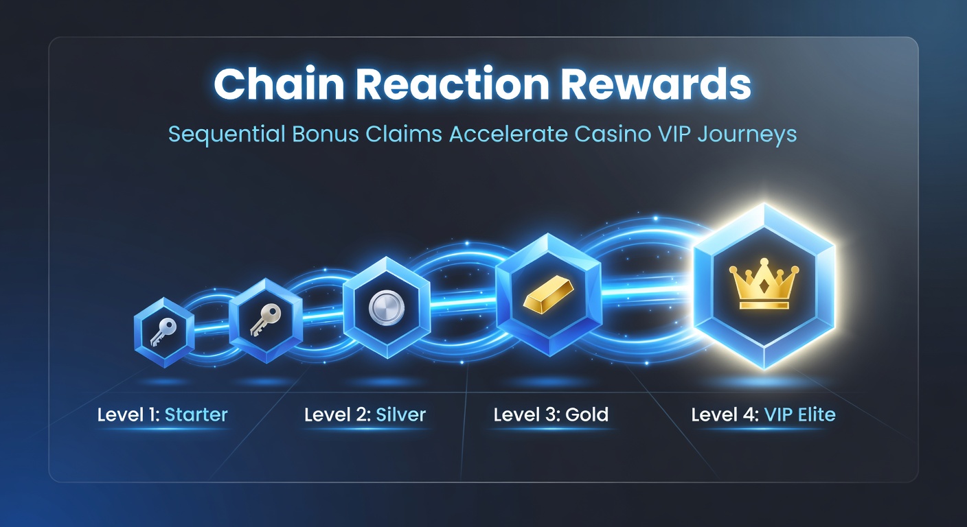 Infographic depicting sequential bonus claims forming a chain that rockets a player avatar up a multi-tiered VIP pyramid in a vibrant casino interface