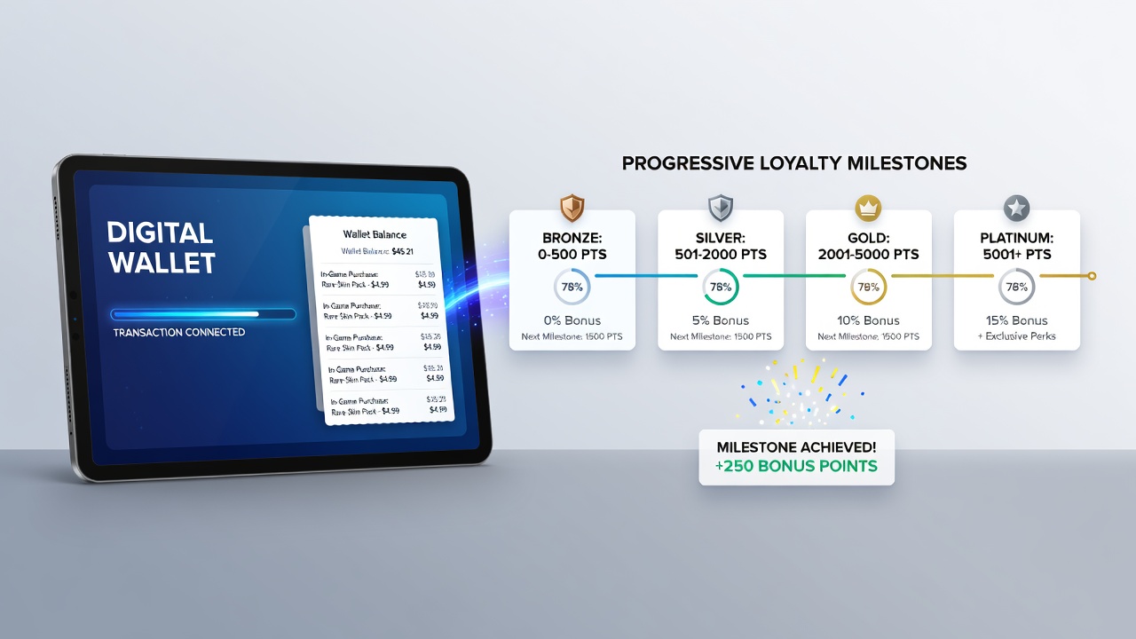 User interface displaying loyalty tier progression after digital wallet deposit in portable gaming application