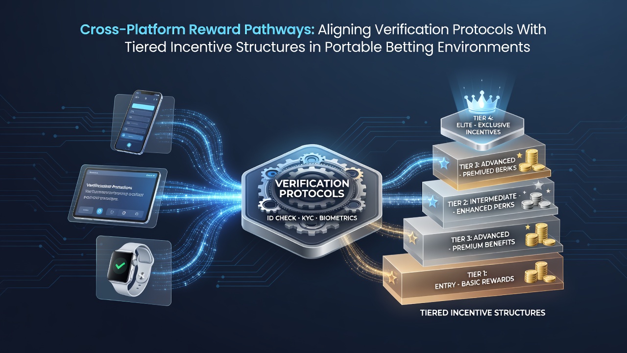 Cross-platform verification and reward alignment diagram showing mobile betting interfaces connected through tiered incentive pathways