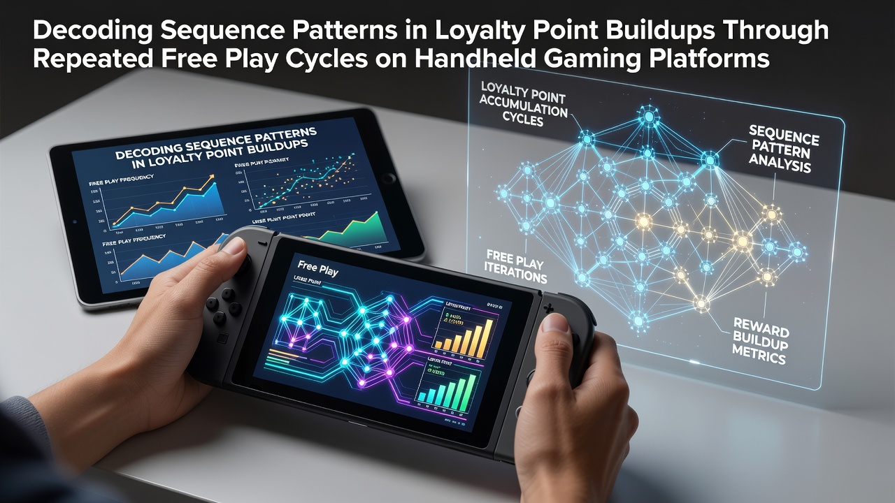 Handheld gaming device displaying loyalty metrics and free play sequences on screen