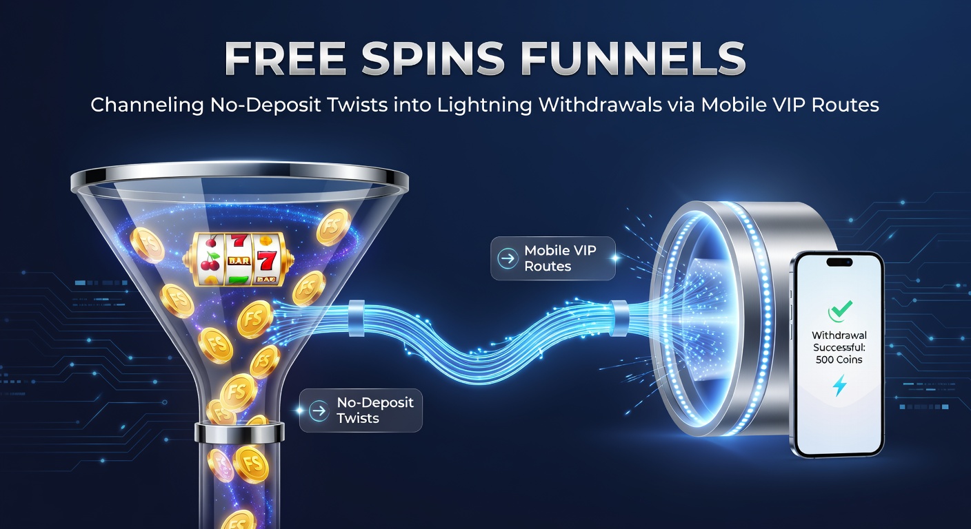 Dynamic graphic showing a funnel of free spins transforming into cash withdrawals via mobile VIP icons