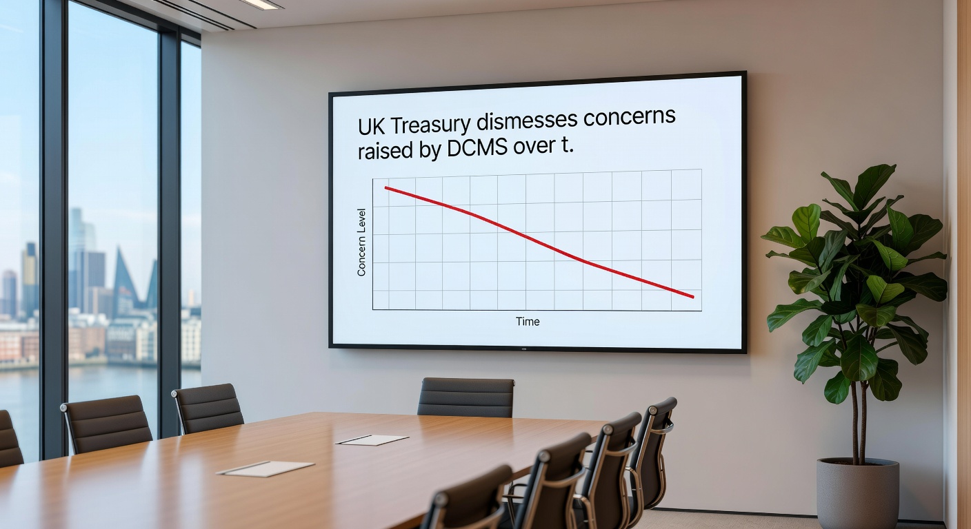 Graph showing projected revenue lines diverging between official estimates and DCMS warnings, overlaid with icons of black market shadows and casino chips