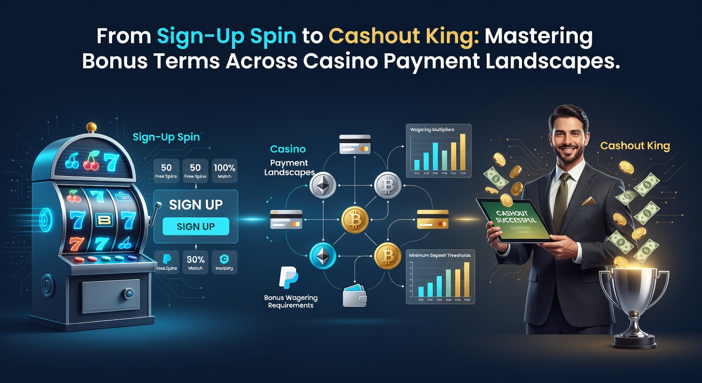 Digital dashboard showing casino bonus terms intertwined with global payment method icons, highlighting wagering paths to cashouts