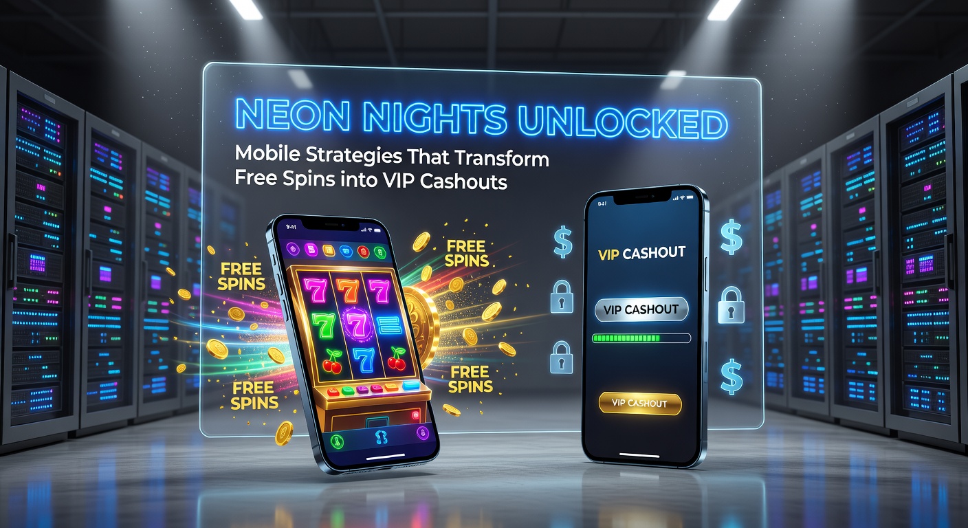 Vibrant neon-lit mobile screen displaying cascading free spins on a slot machine, with glowing VIP tier icons emerging in the background