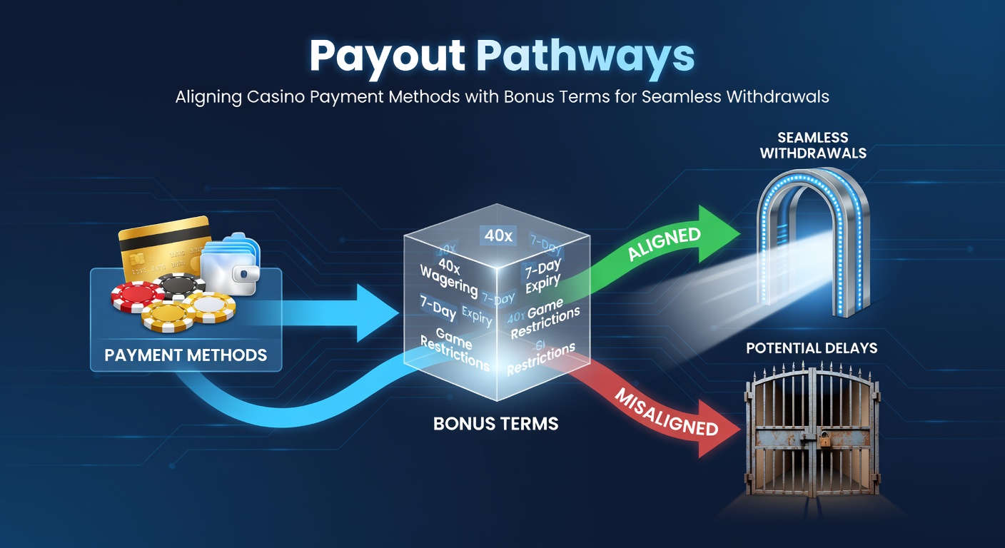 Digital graphic showing casino payment pathways branching into bonus-compliant withdrawals, with icons for cards, e-wallets, and bank transfers flowing seamlessly