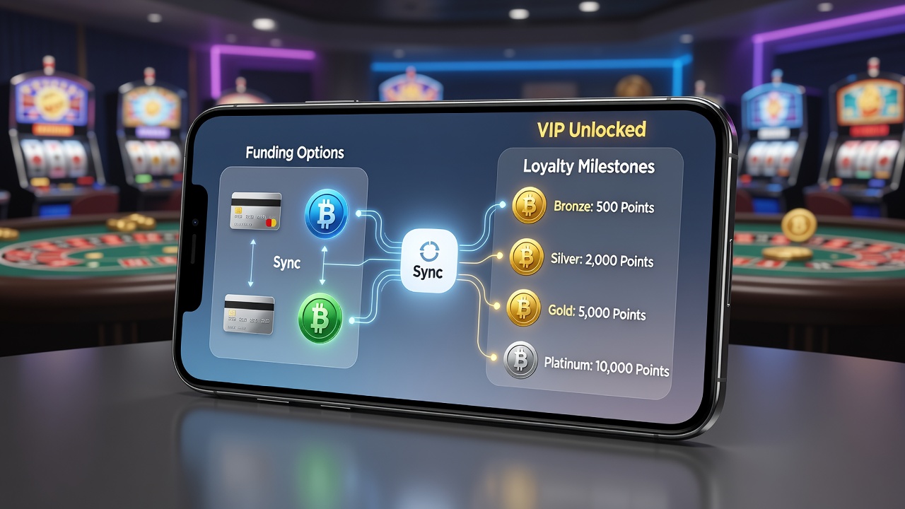 Smartphone displaying casino app interface with payment options and loyalty progress indicators