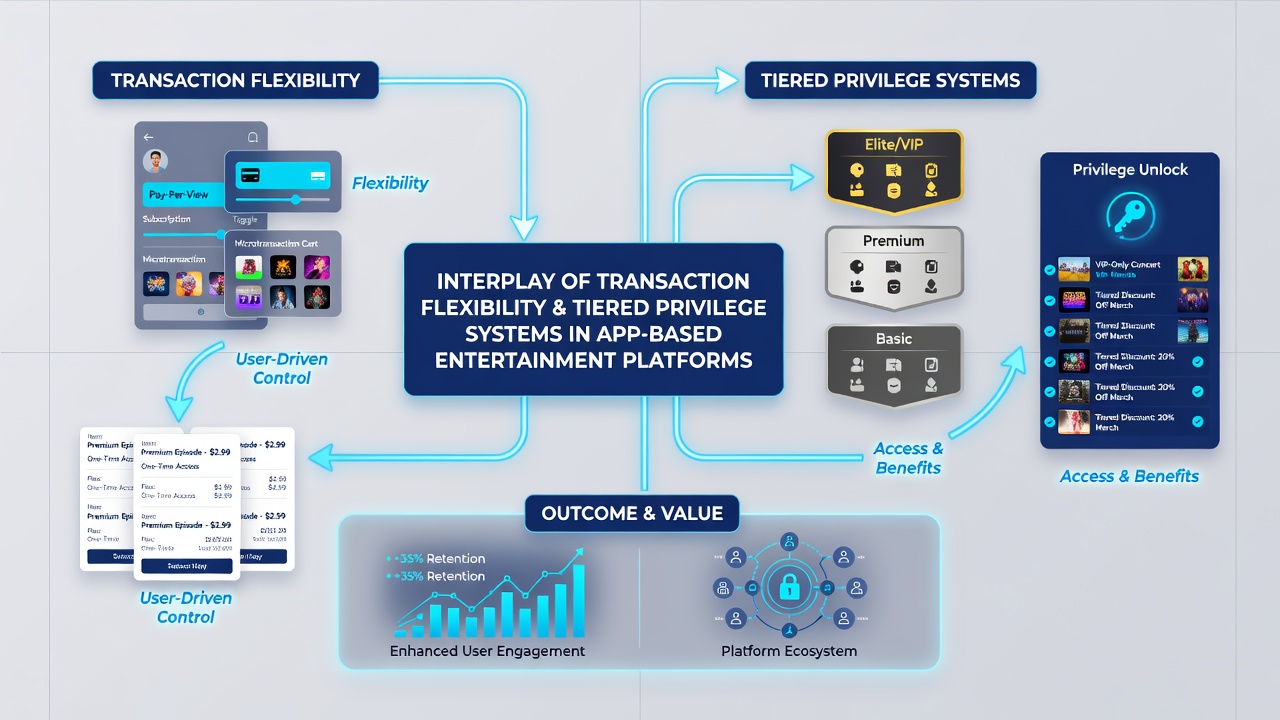 Graph and diagrams depicting tier progression linked to transaction types in app ecosystems