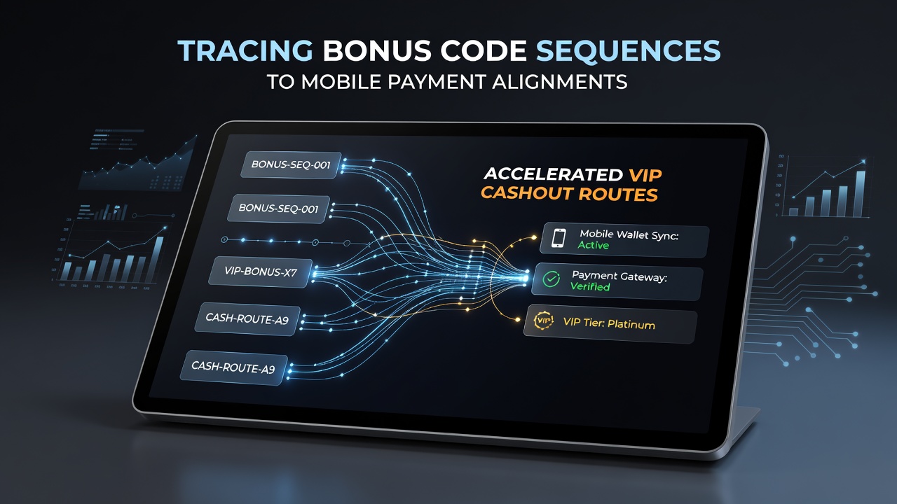 Diagram of mobile casino interface displaying aligned bonus codes and payment options leading to VIP cashout
