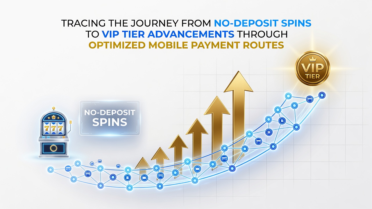 Mobile casino interface displaying no-deposit spins transitioning into VIP reward pathways with payment options highlighted
